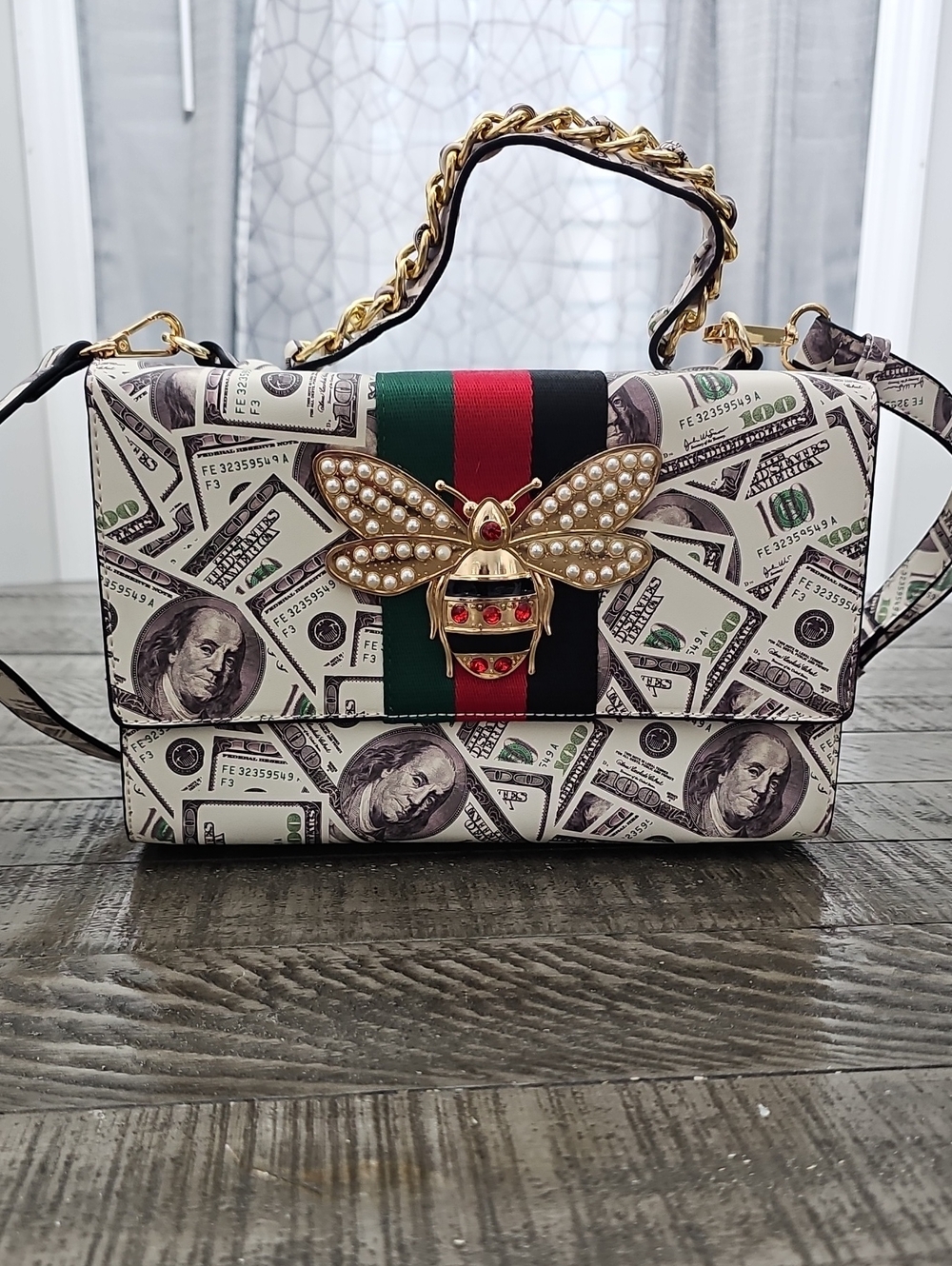 White Money-Print Bee Accent Crossbody Bag with Green-Red Stripe